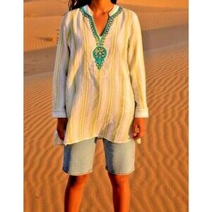 Soft Surroundings womens roll tab sleeve bead embellished summer blouse sz Small